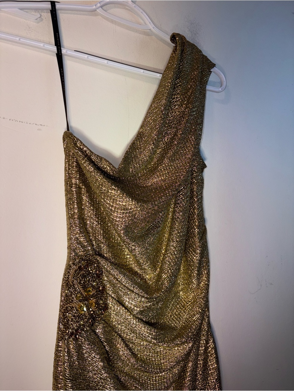 David Meister One-Shoulder Shimmering Gold Evening Gown - Picture 7 of 12